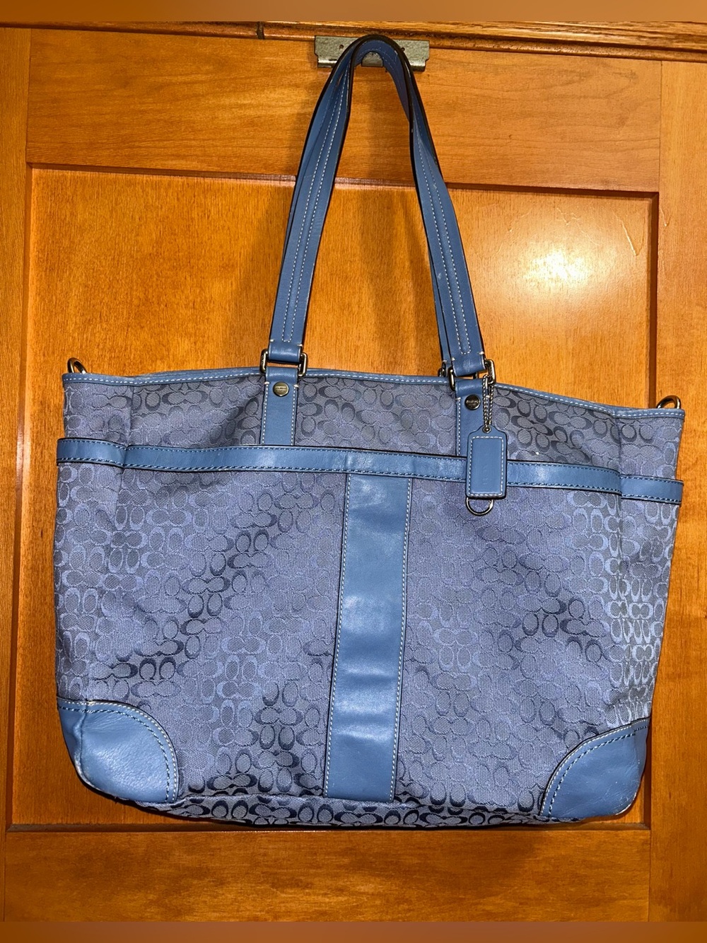 Coach Signature C Large Tote Diaper Travel Shoulder Bag Leather periwinkle blue
